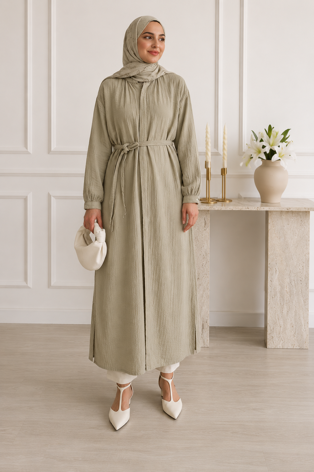 Chemise Longue Ceinturée en Coton Respirant – Élégance Naturelle