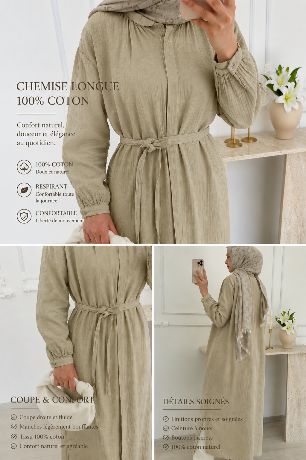 Chemise Longue Ceinturée en Coton Respirant – Élégance Naturelle