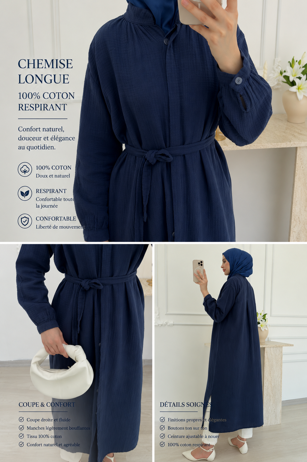Chemise Longue Ceinturée en Coton Respirant – Élégance Naturelle
