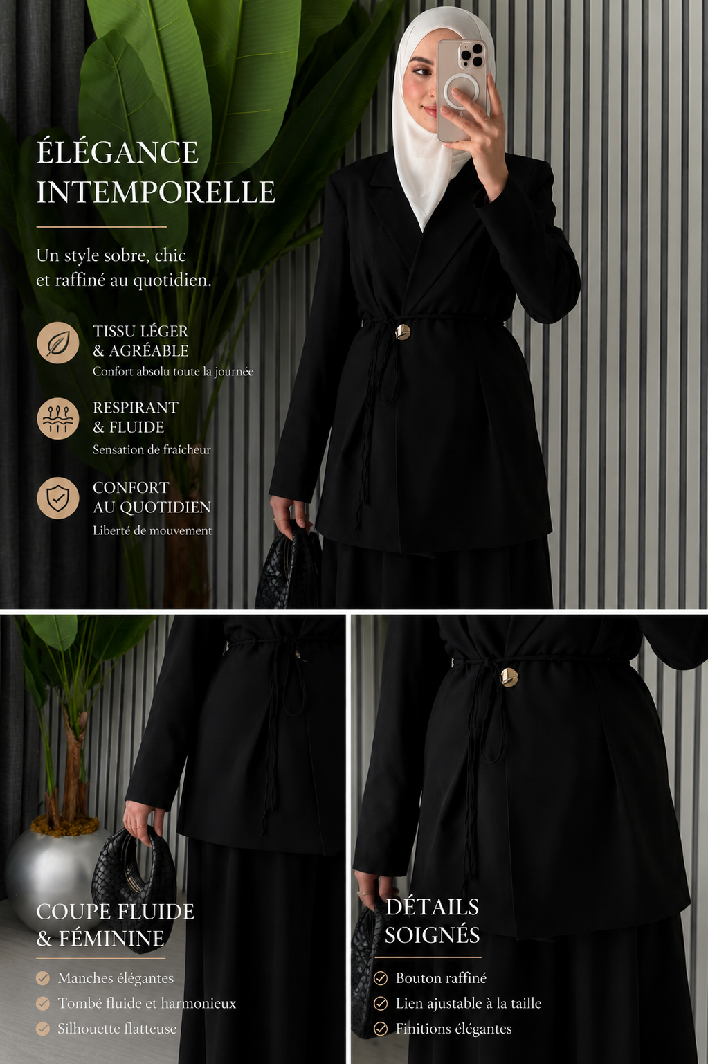 Ensemble Élégance – Blazer & Jupe Fluide Noir